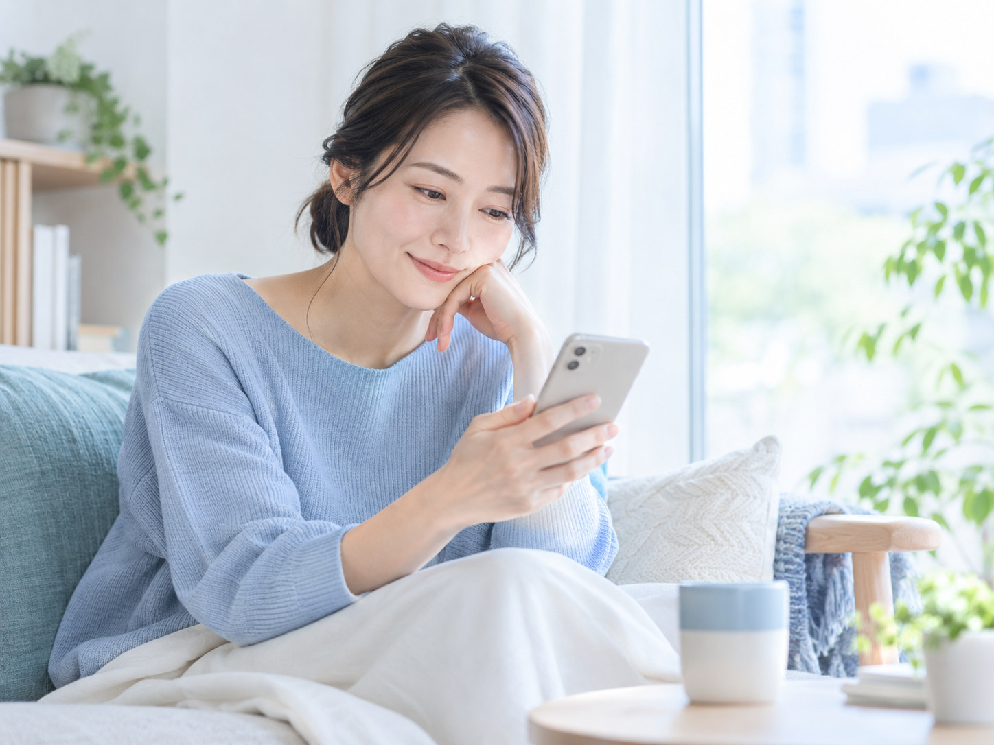 落ち着いた窓際で、一人でスマートフォンを見ながら過ごす女性。生成したイメージ写真。